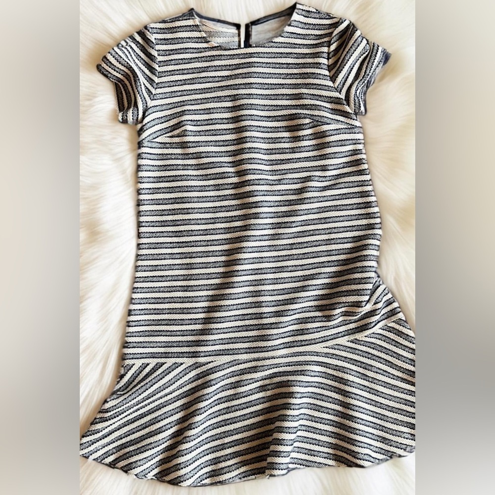 ANN TAYLOR LOFT Blue & White Nautical Striped Tweed Flounce Dress Dropwaist